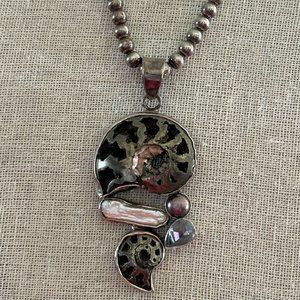 Silver pendant necklace, Sea shell design, abalone and silver, 28" long